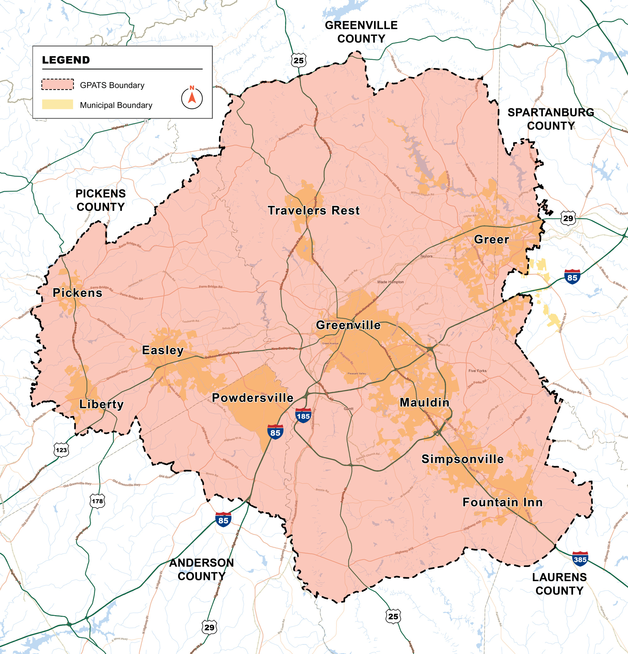 Map showing the GPATS boundary that includes Travelers Rest, Greer, Pickens, Liberty, Easley, Powdersville, Greenville, Mauldin, Simpsonville and Fountain Inn