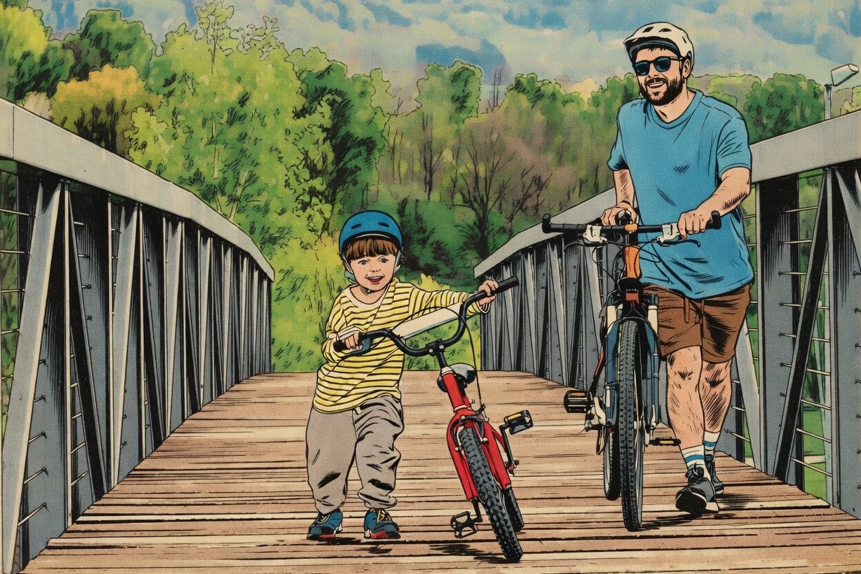 dad and son with bikes on bridge