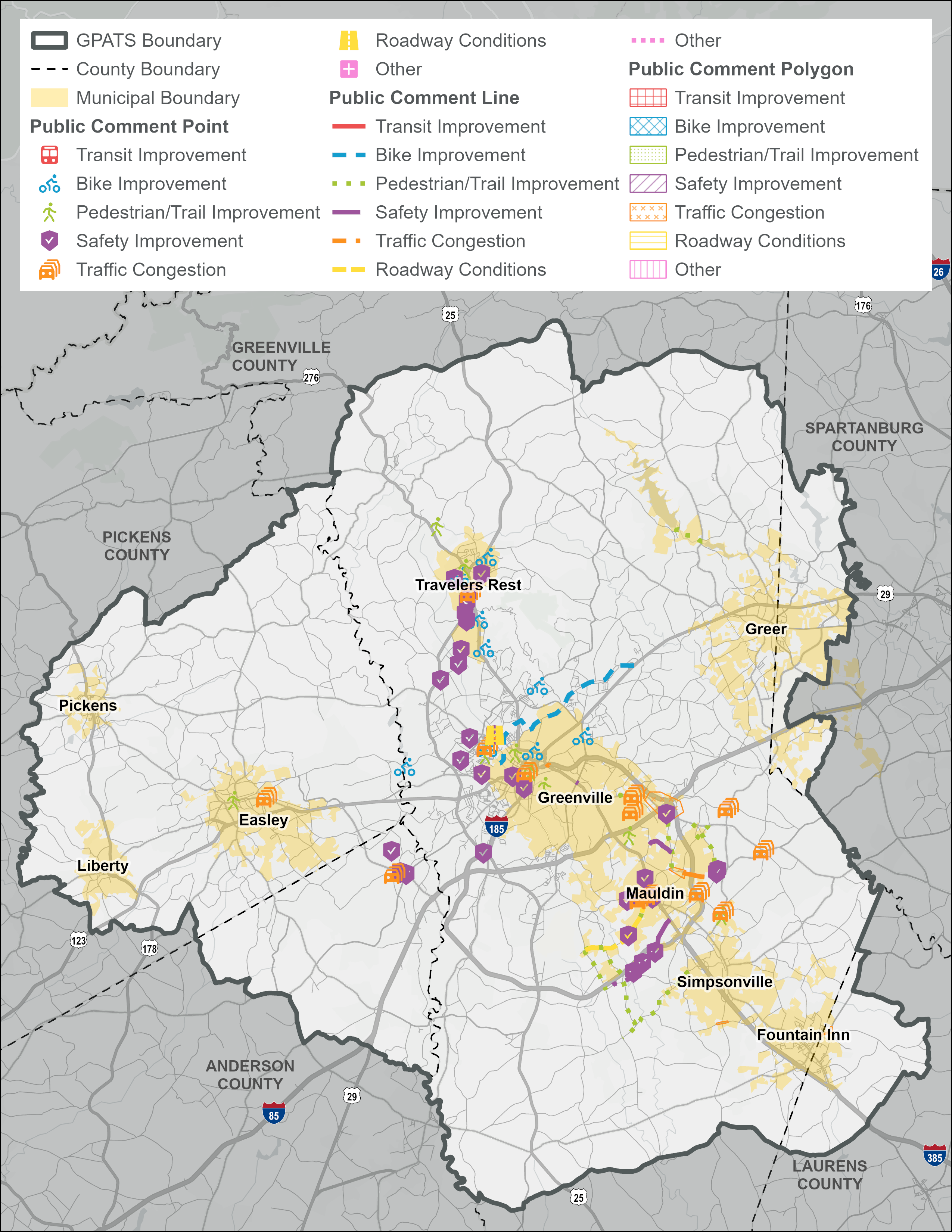 
												Map of the Greenville-Pickens Area Transportation Study (GPATS) region displaying public comments collected during outreach. The GPATS boundary is outlined in dark gray, county boundaries are dashed, and municipal boundaries are shaded light yellow. Colored symbols represent public comment points for transit improvements, bicycle improvements, pedestrian and trail improvements, safety improvements, traffic congestion, roadway conditions, and other topics. Colored lines and shaded polygons indicate corridor and area-specific comments by the same categories. Comments are concentrated around Greenville, Mauldin, Travelers Rest, Greer, Easley, and Simpsonville, with fewer comments in Pickens, Liberty, and Fountain Inn. A legend at the top explains the symbols, line styles, and polygon patterns used for each comment category.
												